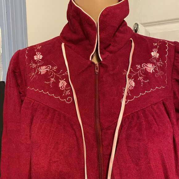 Vintage 90s Katz USA Sz M/XL Nightgown Flannel Robe Off Red Zip Up Embroidered - Picture 8 of 10